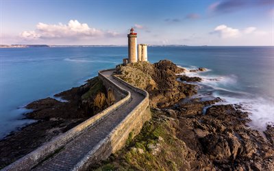 old lighthouse, Celtic sea, evening, stone bridge, coast, Atlantic Ocean, Brittany, France