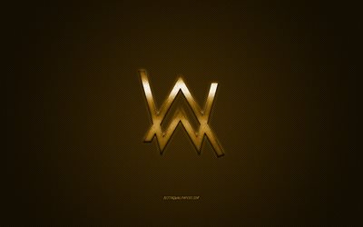 Alan Walker logo, oro lucido, logo, Alan Walker metallo emblema, DJ inglese, oro fibra di carbonio trama, Alan Walker, marchi, arte creativa