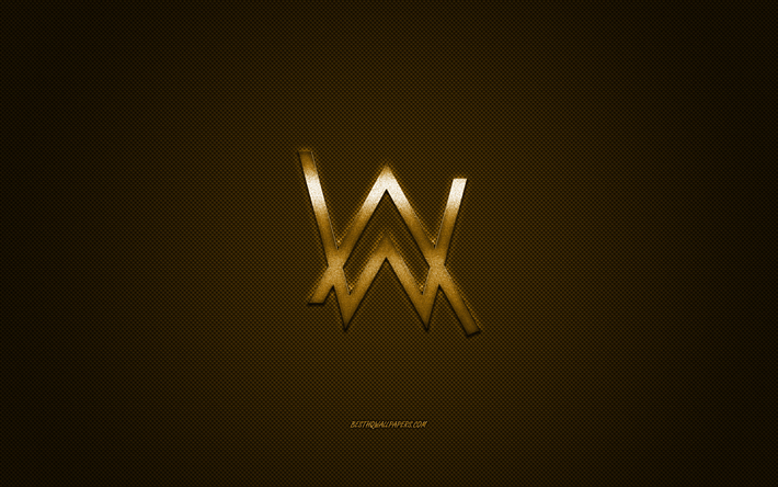 Alan Walker-logo, kultaa kiilt&#228;v&#228; logo, Alan Walker metalli-tunnus, Englanti DJ, kulta hiilikuitu rakenne, Alan Walker, merkkej&#228;, creative art
