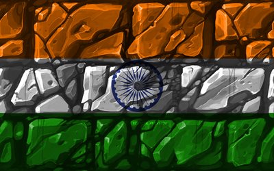 العلم الهندي, brickwall, 4k, البلدان الآسيوية, الرموز الوطنية, علم الهند, الإبداعية, الهند, آسيا, الهند 3D العلم
