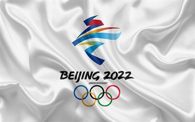 2022 winter olympics, logo, 4k, seide, flagge, peking 2022 logo, xxiv olympischen spiele, beijing, china, seide textur
