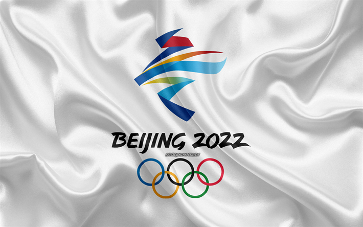Vinter-Os 2022, logotyp, 4k, silk flag, Peking 2022 logotyp, XXIV Olympic Winter Games, Peking, Kina, siden konsistens