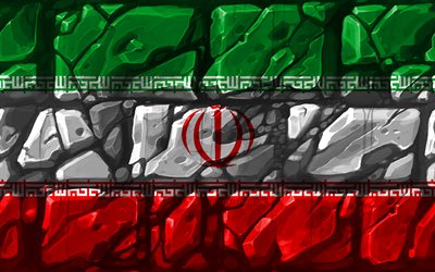 İran İran bayrağı, brickwall, 4k, Asya &#252;lkeleri, ulusal semboller, Bayrak, yaratıcı, İran, Asya, 3D bayrak