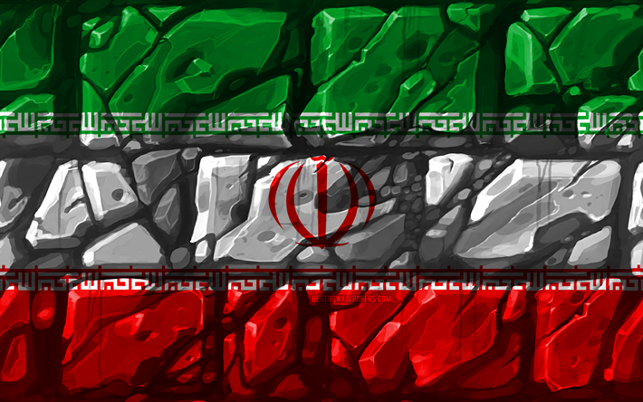 イランのフラグ, brickwall, 4k, アジア諸国, 国立記号, 旗のイラン, 創造, イラン, アジア, イランの3Dフラグ