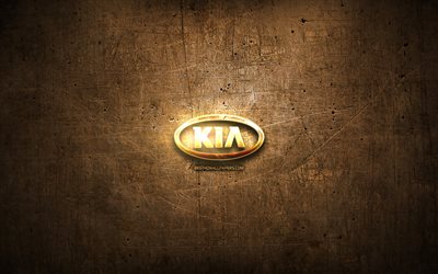 KIA golden logo, cars brands, artwork, brown metal background, creative, KIA logo, brands, KIA