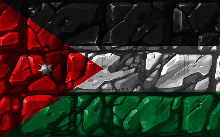 jordanien fahne, brickwall, 4k, asiatischen l&#228;ndern, die nationalen symbole, die flagge von jordanien, kreativ, jordanien, asien, jordanien 3d flag