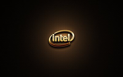 Intel glitter logo, creative, metal grid background, Intel logo, brands, Intel