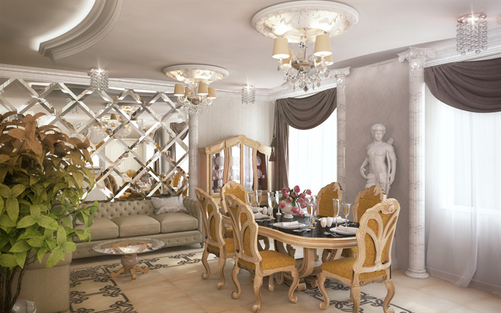 stylish interior, living room, classic style, modern interior design, white sculptures in the living room, wall of mirrors, luxury chairs