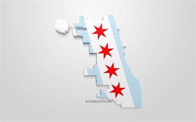 Chicago karta siluett, 3d-flagga i Chicago, Amerikansk stad, 3d-konst, Chicago 3d-flagga, Illinois, USA, Chicago, geografi, flaggor f&#246;r AMERIKANSKA st&#228;der