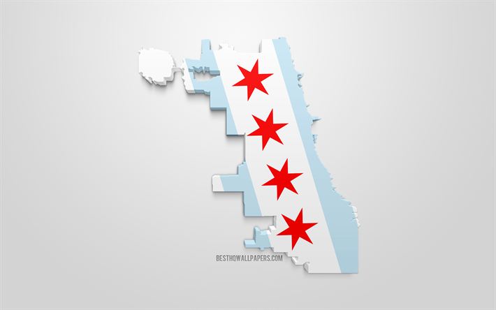 Chicago mapa silhueta, 3d bandeira de Chicago, Cidade americana, Arte 3d, Chicago 3d bandeira, Illinois, EUA, Chicago, geografia, bandeiras de cidades dos EUA