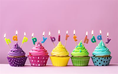 4k, Happy Birthday, pink background, colorful cupcakes, birthday cakes, Birthday Party, creative, Birthday concept