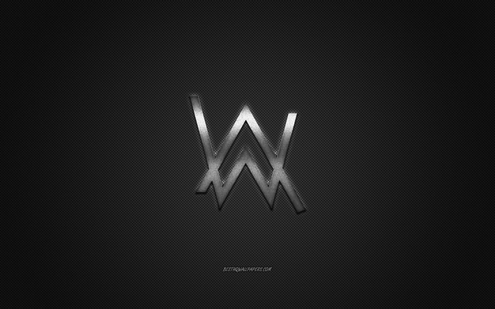Alan Walker, logo, argent brillant logo, embl&#232;me m&#233;tallique, norv&#233;gien DJ, gris en fibre de carbone texture, marques, art cr&#233;atif
