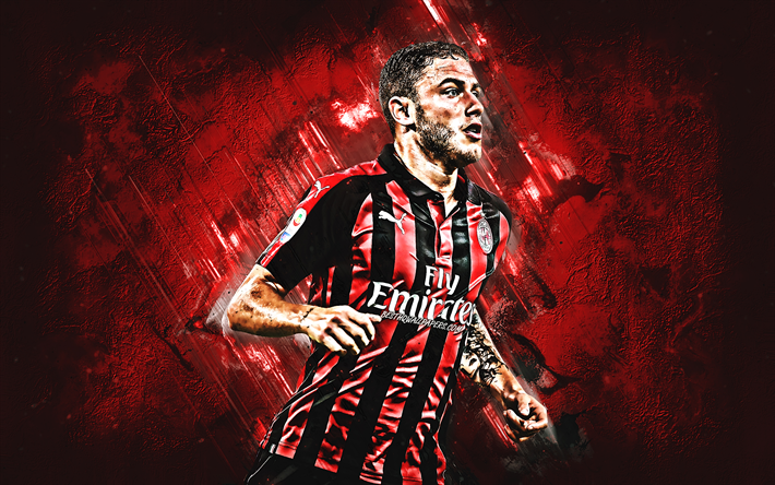 Davide Calabria, AC Milan, portrait, Italian football player, defender, Red Stone Background, Football, Serie A, Italy