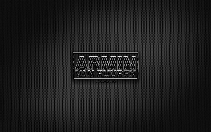 Armin van Buuren black logo, music stars, creative, metal grid background, Armin van Buuren logo, superstars, Armin van Buuren