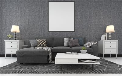 stylish gray living room interior, gray fabric wall, modern interior design, gray style in the interior
