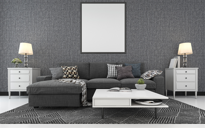 Download wallpapers stylish gray living room interior, gray fabric wall