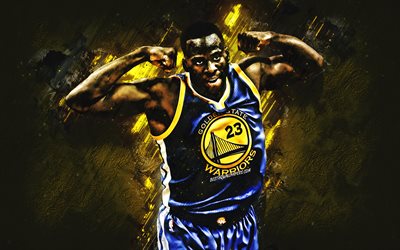 Draymond Green, Golden State Warriors, - Jogador de basquete americano, NBA, EUA, pedra amarela de fundo, arte criativa, basquete, Draymond Jamal Verde