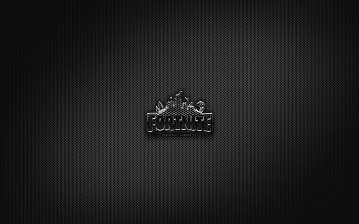 Fortnite logotipo negro, creativo, rejilla de metal de fondo, Fortnite logotipo, juegos de marcas, Fortnite