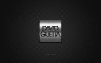 David Guetta logo, argento lucido logo, David Guetta in metallo emblema, il DJ francese David Pierre Guetta, grigio in fibra di carbonio trama, David Guetta, marchi, arte creativa