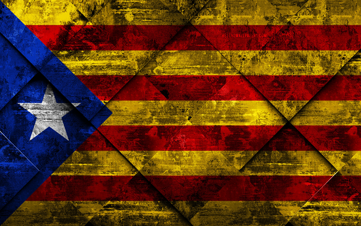 Lippu Katalonian Estelada, grunge art, rhombus grunge tekstuuri, Espanjan itsehallintoalue, Estelada Katalonian lippu, Espanja, Estelada Katalonia, Yhteis&#246;jen Espanja, creative art