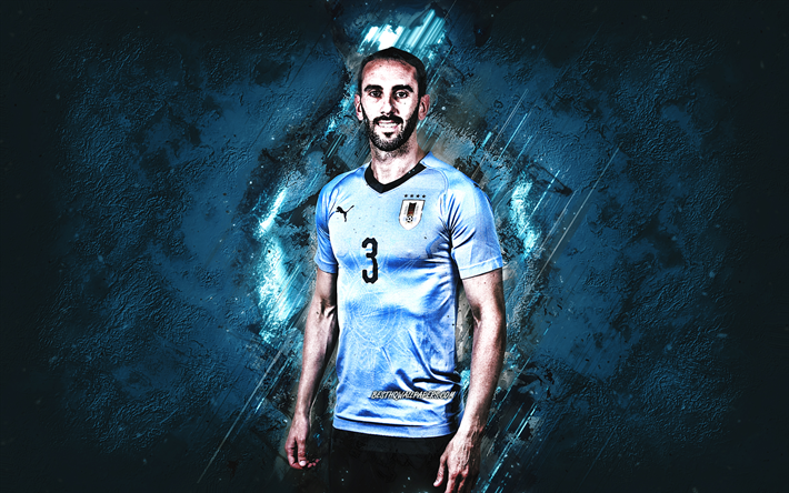 diego godin hat uruguay nationalmannschaft, uruguay fu&#223;baller, verteidiger, uruguay, fu&#223;ball -, blauer stein hintergrund, portrait