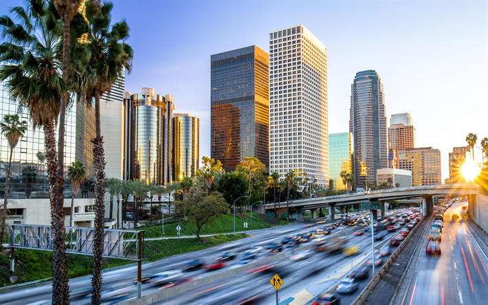 Los Angeles, 4k, sunset, modern buildings, California, roads, America, american cities, USA, City of Los Angeles, Cities of California