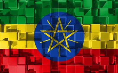 Flaggan i Etiopien, 3d-flagga, 3d kuber konsistens, Flaggor i Afrikanska l&#228;nder, 3d-konst, Etiopien, Afrika, 3d-textur, Etiopiens flagga