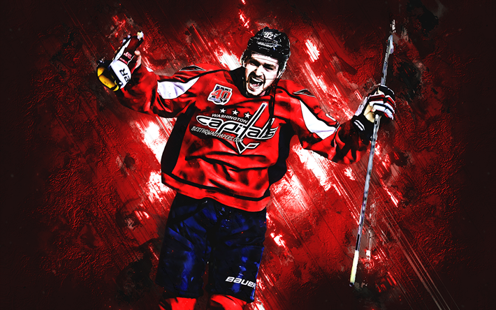 Evgeny Kuznetsov, Washington Capitals, Russian hockey player, center forward, NHL, USA, hockey, red stone background