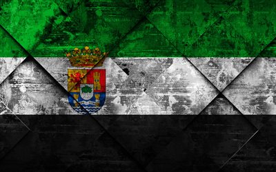 Flaggan i Extremadura, grunge konst, rhombus grunge textur, Spanska autonoma, Extremadura flagga, Spanien, Extremadura, Regionerna i Spanien, kreativ konst