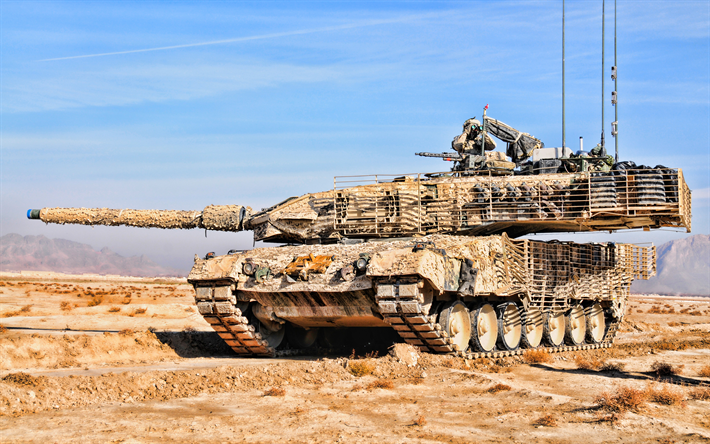 Leopard 2A6M CAN, 4k, desert, tanks, Canadian MBT, Canadian Army, sand camouflage, armored vehicles, Leopard 2