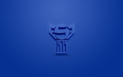 جزر فارو الوطني لكرة القدم, الإبداعية شعار 3D, خلفية زرقاء, 3d شعار, جزر فارو, أوروبا, الاتحاد الاوروبي, الفن 3d, كرة القدم, أنيقة شعار 3d