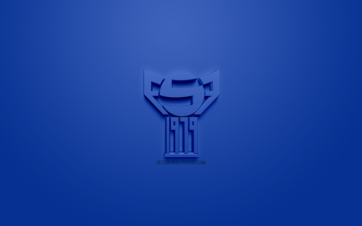 جزر فارو الوطني لكرة القدم, الإبداعية شعار 3D, خلفية زرقاء, 3d شعار, جزر فارو, أوروبا, الاتحاد الاوروبي, الفن 3d, كرة القدم, أنيقة شعار 3d