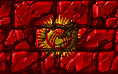Kirgiziska flagga, brickwall, 4k, Asiatiska l&#228;nder, nationella symboler, Flaggan i Kirgizistan, kreativa, Kirgizistan, Asien, Kirgizistan 3D-flagga