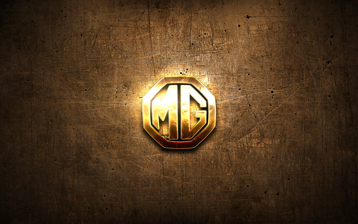 MG altın logo, marka arabalar, resimler, kahverengi metal arka plan, yaratıcı, MG logo, marka, MG