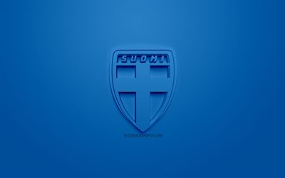 Finlands herrlandslag i fotboll, kreativa 3D-logotyp, bl&#229; bakgrund, 3d-emblem, Finland, Europa, UEFA, 3d-konst, fotboll, snygg 3d-logo