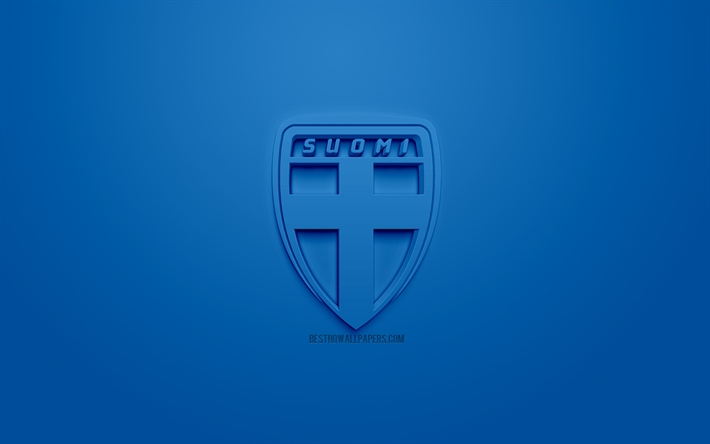 Finlandia squadra nazionale di calcio, creativo logo 3D, sfondo blu, emblema 3d, Finlandia, Europa, la UEFA, 3d, arte, calcio, elegante logo 3d