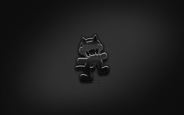 Monstercat black logo, music stars, creative, metal grid background, Monstercat logo, music brands, Monstercat