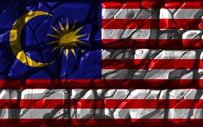 Drapeau malaisien, brickwall, 4k, les pays d&#39;Asie, symbole national, le Drapeau de la Malaisie, de cr&#233;atif, de la Malaisie, de l&#39;Asie, de la Malaisie 3D drapeau