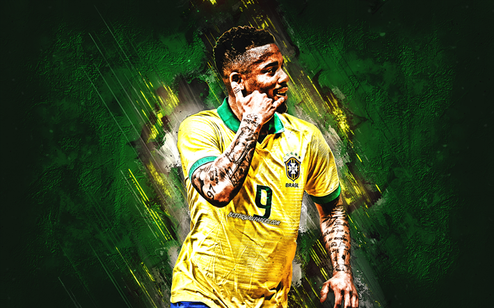 Gabriel Jesus, Brazilian soccer player, Brazil national football team, portrait, green stone background, creative art, football, Brazil