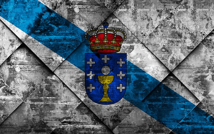 Flaggan i Galicien, grunge konst, rhombus grunge textur, Spanska autonoma, Galicien flagga, Spanien, Paul, Regionerna i Spanien, kreativ konst