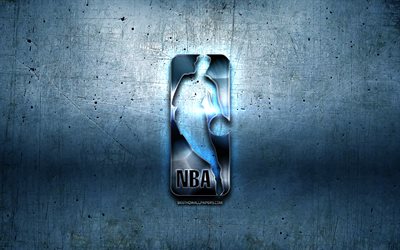 NBA logotipo do metal, Associa&#231;&#227;o Nacional De Basquete, metal azul de fundo, obras de arte, NBA, marcas, NBA logo 3D, criativo, O logo da NBA