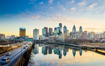 Philadelphia, 4k, sunset, modern buildings, Pennsylvania, roads, America, american cities, USA, City of Philadelphia, Cities of Pennsylvania