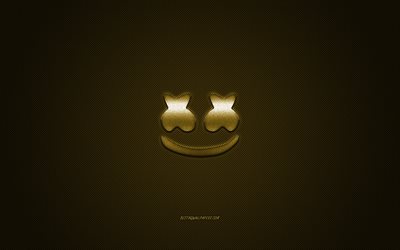 Marshmello logo, gold shiny logo, Marshmello metal emblem, American DJ, Christopher Comstock, gold carbon fiber texture, Marshmello, brands, creative art