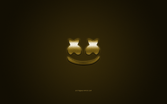 Marshmello logotyp, guld gl&#228;nsande logotyp, Marshmello metall emblem, American DJ, Christopher Comstock, guld kolfiber konsistens, Marshmello, varum&#228;rken, kreativ konst