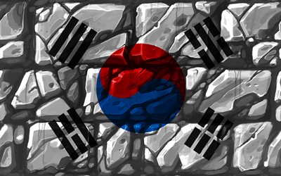 G&#252;ney Kore bayrağı, brickwall, 4k, Asya &#252;lkeleri, ulusal semboller, G&#252;ney Kore Bayrağı, yaratıcı, G&#252;ney Kore, Asya, G&#252;ney Kore 3D bayrak