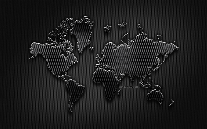 Black metal World Map, creative, metal grid background, World Map Concept, metal grid world map, artwork, World Maps