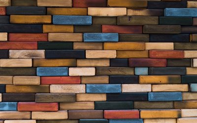 カラフルな木製の壁, 4k, 木製の質感, カラフルな木製ボード, マクロ, カラフルな木製の背景, 木製ボードの背景