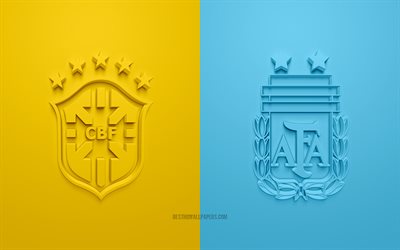 2019 Brezilya vs Arjantin, 2019 Copa Amerika Yarı final ma&#231;ında, Sarı-Mavi arka plan, 3D sanat, promo, futbol ma&#231;ı, Brezilya, futbol