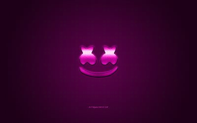 Marshmello logo, purple shiny logo, Marshmello metal emblem, American DJ, Christopher Comstock, purple carbon fiber texture, Marshmello, brands, creative art
