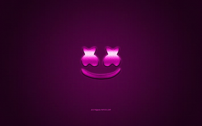 Marshmello logo, violet brillant logo, Marshmello embl&#232;me m&#233;tallique, le DJ Am&#233;ricain, Christopher Comstock, violet fibre de carbone texture, Marshmello, marques, art cr&#233;atif